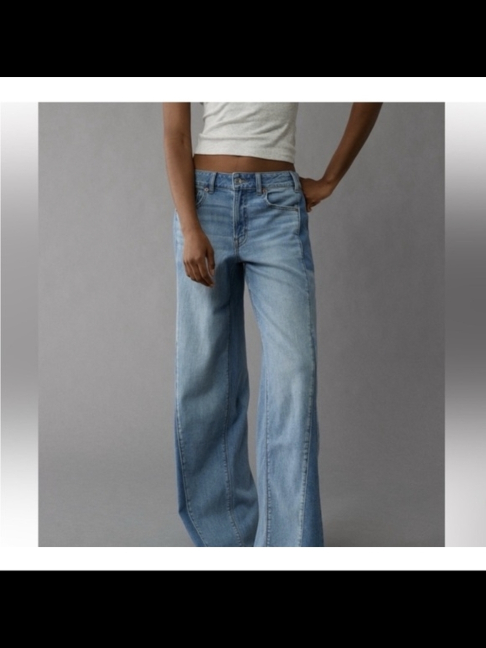 American Eagle Low Rise Baggy Wide Leg Stretch Jeans Patchwork Raw Hem Size 10
